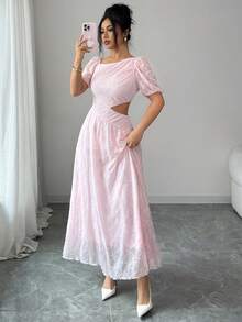Modelyn 女士优雅腰部镂空花瓣袖提花连衣裙 - 粉色 - 查看 8