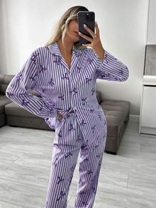 EURMUSE Women 2 Pcs Button Front With Striped&Bot Pattern Homewear Cute Pajama Set - Lilac Purple - View 1