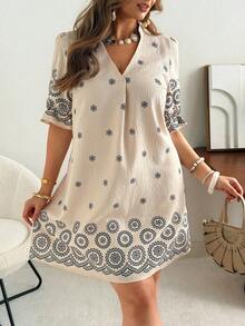 Ceyna Plus Size Women V-Neck Floral Print Casual Vacation Date Dress Zanzea Dress For Women Work Outfits Women Casual Dress For Women Resort Wear Women Vacation Dress Elegant Classy Dress Women's Short Dress Boho Dress For Women - Apricot - View 5