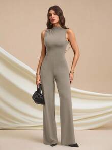 SHEIN Tall Bộ jumpsuit dài màu đen thanh lịch, gợi cảm, không tay, xếp ly, ống rộng, thích hợp mặc hàng ngày, hẹn hò, đi chơi, dự tiệc, kiểu dáng layering thanh lịch cho nữ, jumpsuit bất đối xứng, jumpsuit ống rộng, jumpsuit ngày Valentine, jumpsuit mặc hàng ngày, jumpsuit dài thanh lịch cho người cao. - Xám - Xem 3