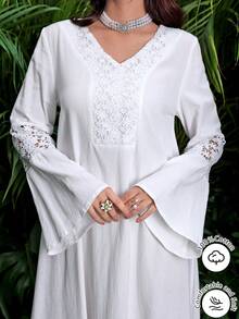 SHEIN Najma Spring/Summer Fashion Casual White Cotton Blend Embroidered Lace Trim Flare Sleeve Robe Jalabiya - White - View 2