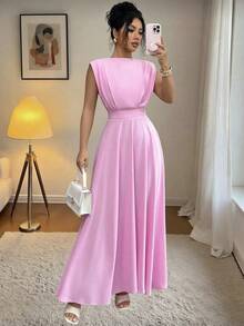 Elenzga 女士纯色中高领无袖褶裥肩部收褶腰部可调节喇叭连衣裙，优雅法式复古浪漫简约风，适合办公室、通勤、商务、休闲、海滩、日常、约会、婚礼、春夏等场合。 - 粉色 - 查看 1