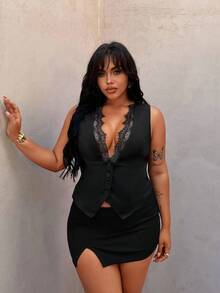 Rustia 大码无袖深V领花卉拼接开襟优雅简约性感度假派对日常穿着女式西装外套 - 黑色 - 查看 4