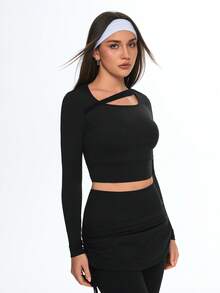 Eassivo Women's New Pilates Running Training Yoga Top, Spring/Summer Design With Mesh Patchwork Asymmetric T-Shirt - Black - View 6