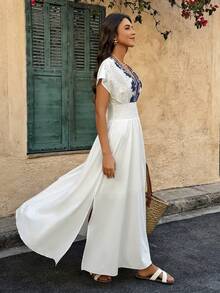 Louniche Women's Shirred Embroidered Waist Tie Side Slit Casual Vacation Dress, Spring/Summer - Blue and White - View 6