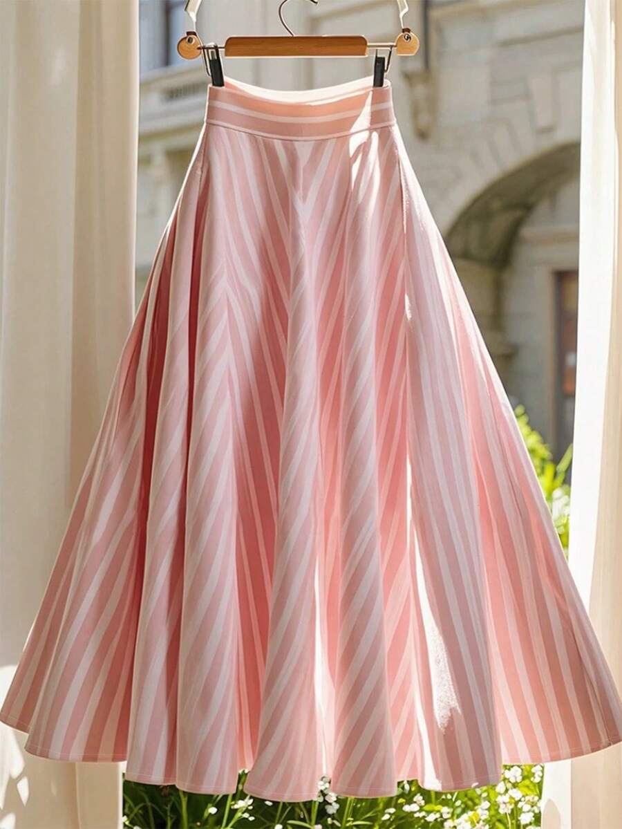 Elenzga Women's Striped Print Elegant & Fashionable A-Line Skirt, Spring/Summer - Pink - View 1