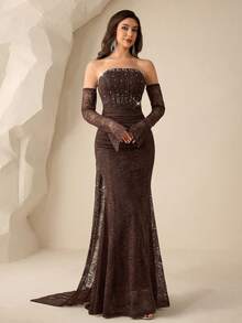 Coutiva Vestido de noche elegante de mujer con hombros descubiertos, detalles de encaje y cuentas, otoño - Café integral - Ver 5