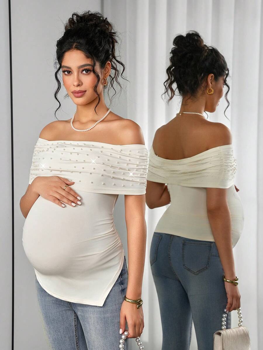 SHEIN Camiseta elegante de manga corta con abertura y escote hombros descubiertos con cuentas de perlas falsas para mujeres embarazadas en verano - Beis - Ver 1