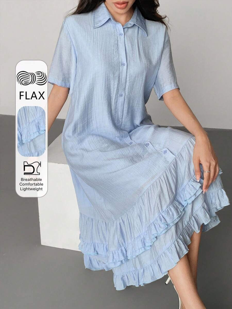 DAZY 优雅拼布荷叶边下摆宽松翻领中长连衣裙，适合女士，夏季，休闲女装 - 藍色 - 查看 1