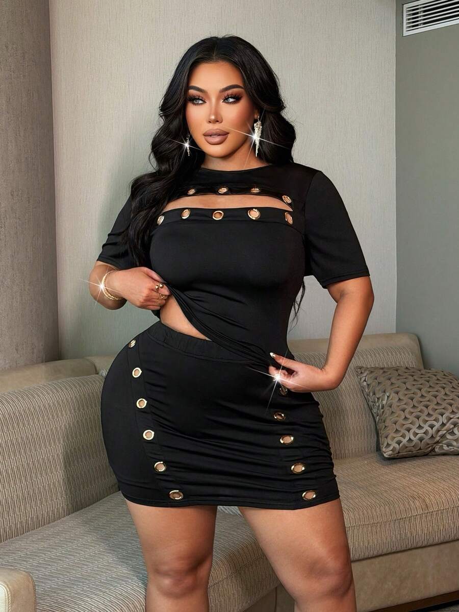 NU&NOW 大码女装夏季纯黑色针织弹力面料圆领金属镂空镂空性感迷你短袖上衣+紧身性感迷你裙两件套,性感火辣派对、约会、外出、叛逆女孩、嘻哈风格大码夜店连衣裙紧身大码连衣裙大码黑色连衣裙曲线连衣裙性感连衣裙女装两件套女装大码夜店套装女装夏季两件套 - 黑色 - 查看 1