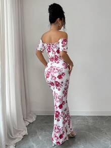 SHEIN Elenzya Women's Floral Print Ruffle Off-Shoulder Short Sleeve Tie Front Fitted Fishtail Hem Elegant Dress - Hot Pink - View 2