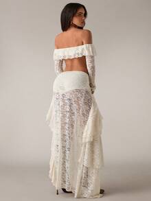 SHEIN BAE Women's Cream Western Music Festival Boho Lace Cropped Top And Asymmetrical Sexy Layered Lace Ruffle Hem Mini Skirt/Music Festival Set/Party Set/Sexy Set/Carnival Set/Western Set/Club Set/Cowgirl Boho Two Piece Set Festival Two Piece Outfit Boho Chic Clothes Cowgirl Outfits For Women Sexy - Apricot - View 2