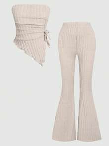 少女吊带背心套装，杏色抽绳不对称T恤搭配两件式喇叭裤，露肩T恤，秋季少女服装，舒适T恤套装 - 杏色 - 查看 3