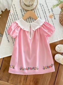 SHEIN LMoss Kids Young Girl Ditsy Floral Loose Fit Short Sleeve Vacation Dress,Kids - Multicolor - View 6