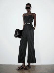 Lumivelle 女士时尚休闲前开衩及中开衩吊带无袖修身阔腿条纹连体裤，春夏款 - 黑色 - 查看 8