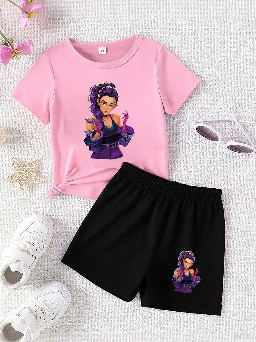 Bộ đồ mùa hè thường ngày cho bé gái, gồm áo thun ngắn tay cổ tròn in hình chân dung và quần short. - Nhiều màu - Xem 1