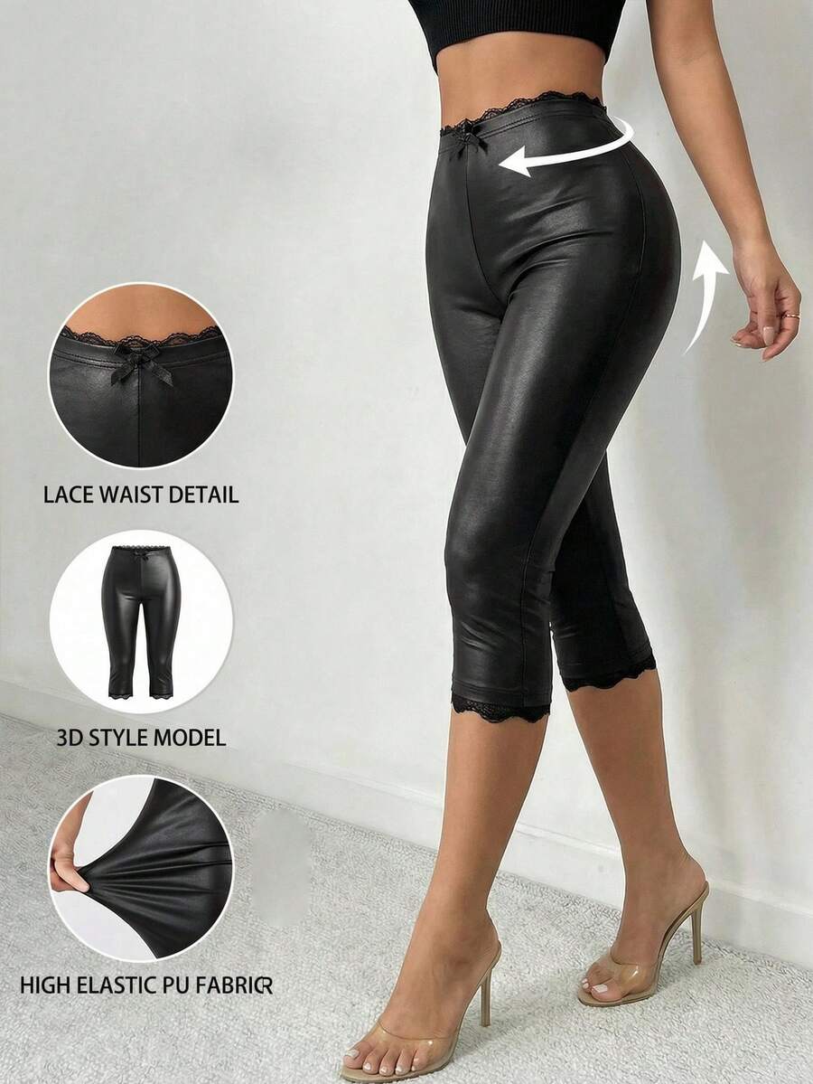 SHEIN SXY 蕾丝边仿皮修身七分裤 - 黑色 - 查看 1