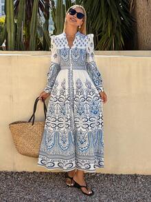 DAZY 复古宫廷风优雅荷叶边V领单排扣灯笼袖收腰A字印花长连衣裙 - 藍色 - 查看 4