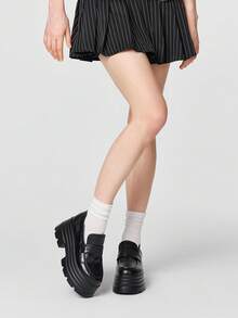 ROMWE Goth 女士黑色套脚乐福鞋，玛丽珍平底鞋，日式JK制服风格，正式工作鞋，厚底平底鞋，圣诞节礼物 - 黑色啞光紋路 - 查看 2