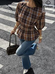 Siren Gaze 女士格子圆领短泡泡袖收腰时尚衬衫 - 巧克力棕 - 查看 3