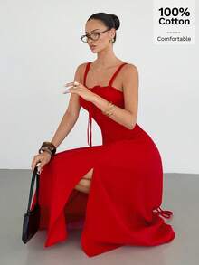 Siren Gaze 女士无袖纯色开衩中长连衣裙，夏季 - 紅色 - 查看 1