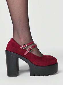 ROMWE Goth Women Pumps - Red cloth surface + double bag. - View 3