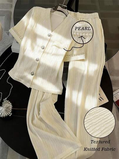 Franclia 2pcs Women's Knitted Textured Fabric & Pearl Ribbon V-Neck Cardigan Top And Pants Set, Elegant Suit, Formal Wear, Spring/Summer Fashion, Urban Chic, Office Casual, Commute, Leisure Outfit Cream Outfit Women Textured Knitted Fabric Cream Two Piece Set Pearl Shirt Cardigan And Pants Set Pajamas Summer Set For Woman Part Outfit Women Clothes Sets