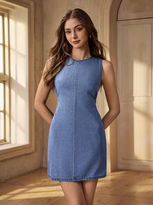 Selenza 女士圆领无袖修身休闲牛仔连衣裙 - 藍色 - 查看 2