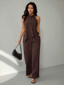 SHEIN PETITE Women's Solid Color Minimalist Sleeveless Top And Pants 2-Piece Set, Casual Daily Wear - Coffee Brown - View 2