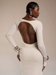 Normani Women's Solid Color Boat Neck Pleated Backless Elegant Minimalist Dress For Formal Occasions White Backless Dress Open Back Dress Bodycon Maxi Dress Women White Sexy Dress Women Elegant White Dress Curve - Beige - View 4