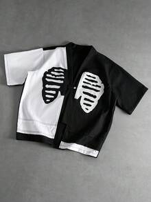 ROMWE MEN Street Life Camisa de manga corta de mezclilla con parches y bordado de calavera para hombre - Negro - Ver 5