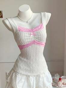 Comfortcana 女士撞色蕾丝蝴蝶结装饰简约无袖背心，休闲日常穿着 - 白色 - 查看 7