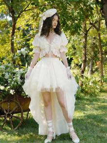 SHEIN MOD 女士优雅纯色蕾丝拼接系带衬衫，春夏款，适合情人节、狂欢节、海滩派对、派对、休闲度假等场合，充满诗意美感，也适合外出、生日、复古、节日、下午茶等场合，是仙女风的理想之选。 - 杏色 - 查看 2