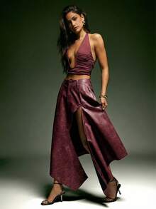 Denimoi Chân váy giả da xẻ cao, vạt lệch, thời trang, thích hợp cho mùa thu đông. - Màu Đỏ Sâu - Xem 5