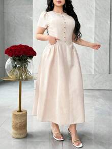 Feyla Neues elegantes einfarbiges Taillengürtel-Taschen-Kleid, schlicht und schick, figurformend - Aprikosenfarben - Übersicht 2