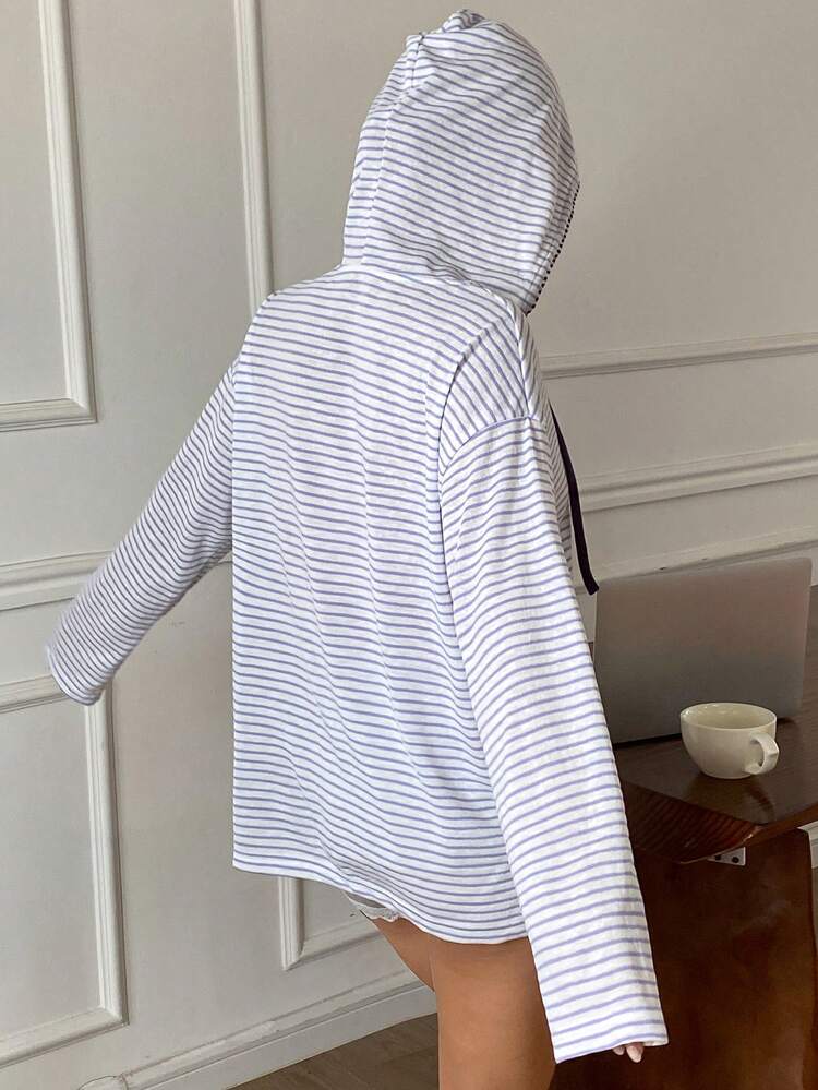 Striped Loose Hooded Long Sleeve Women Sleepwear Top, Women Loungewear Top