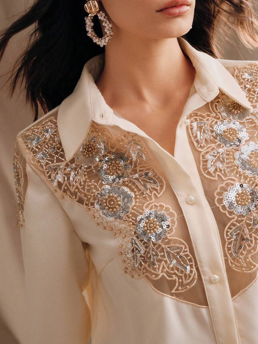 Anewsta Women's Fashion New Western Style Long Sleeve Shirt, Pearl Embroidery High-End Party Blouse - Apricot - View 1