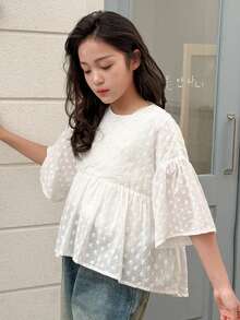 Dazy Kids Tween Girls' Floral Embroidery Decor Round Neck Casual Versatile Daily Wear Short Sleeve Blouse Summer - White - View 6