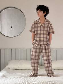 DAZY Tween Boys' Plaid Minimalist Casual Short Sleeve Pajamas - Apricot - View 7