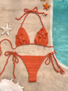 Swim Mod 女士春夏沙滩度假性感可爱3D立体花卉手工钩编针织罩衫 - 橘色 - 查看 1