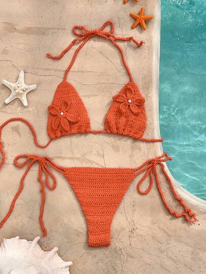 Swim Mod Women's Spring/Summer Beach Vacation Sexy Cute 3D Floral Handmade Crochet Knit Cover-Up