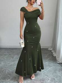 Rafferiza Elegant & Luxurious Asymmetrical Neckline Red Straight Beaded Mermaid Dress, For Women, Spring/Summer Olive Green - Army Green - View 4
