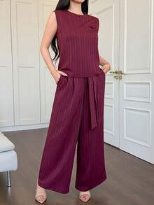 DAZY 女士休闲条纹仿口袋系带阔腿裤两件套，夏季 - 紅色 - 查看 6