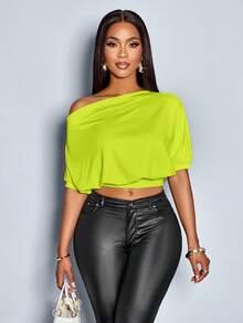 SOLERSUN Women's Solid Asymmetrical Neck Ruched Shoulder Tee - Mint Green - View 4