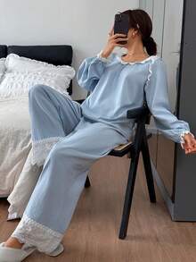 DAZY Conjunto de pijama de mujer con contraste de color elegante y dulce con aplicaciones de encaje - Azul - Ver 4