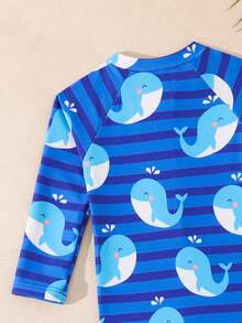 SHEIN Baby Boy One-Piece Swimsuit, Long Sleeve & Pants, Zipper Design For Easy Wear, Knitted Fabric, Cute Dolphin Digital Print Beach Swimwear - Blue - View 6