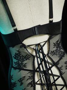 SpicyHot 2pcs Plus Size Satin Contrast Lace Nightgown Set - Black - View 9