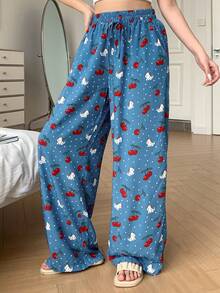 DAZY 樱桃小狗印花宽松直筒长款睡裤（女款） - 藍色 - 查看 4