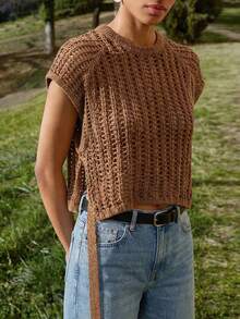 Maija Women's Round Neck Side Slit Tie-Up Hollow Out Knit Top - Brown - View 3