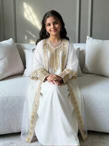 SHEIN Tween Girl Gold Ribbon Contrast Mesh Cardigan V-Neck Dress 2 Pieces Set Abaya For Kids Girls Arabic White And Abayas - White - View 4